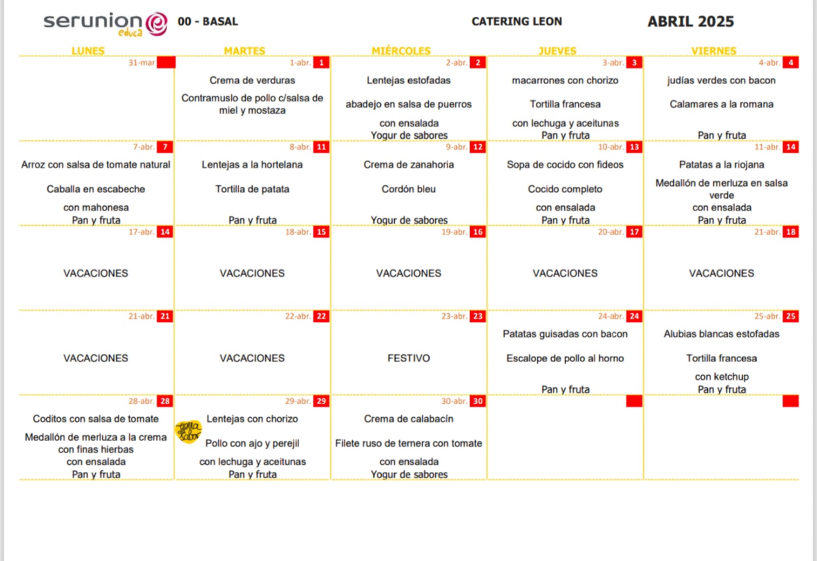 MENU ABRIL 25